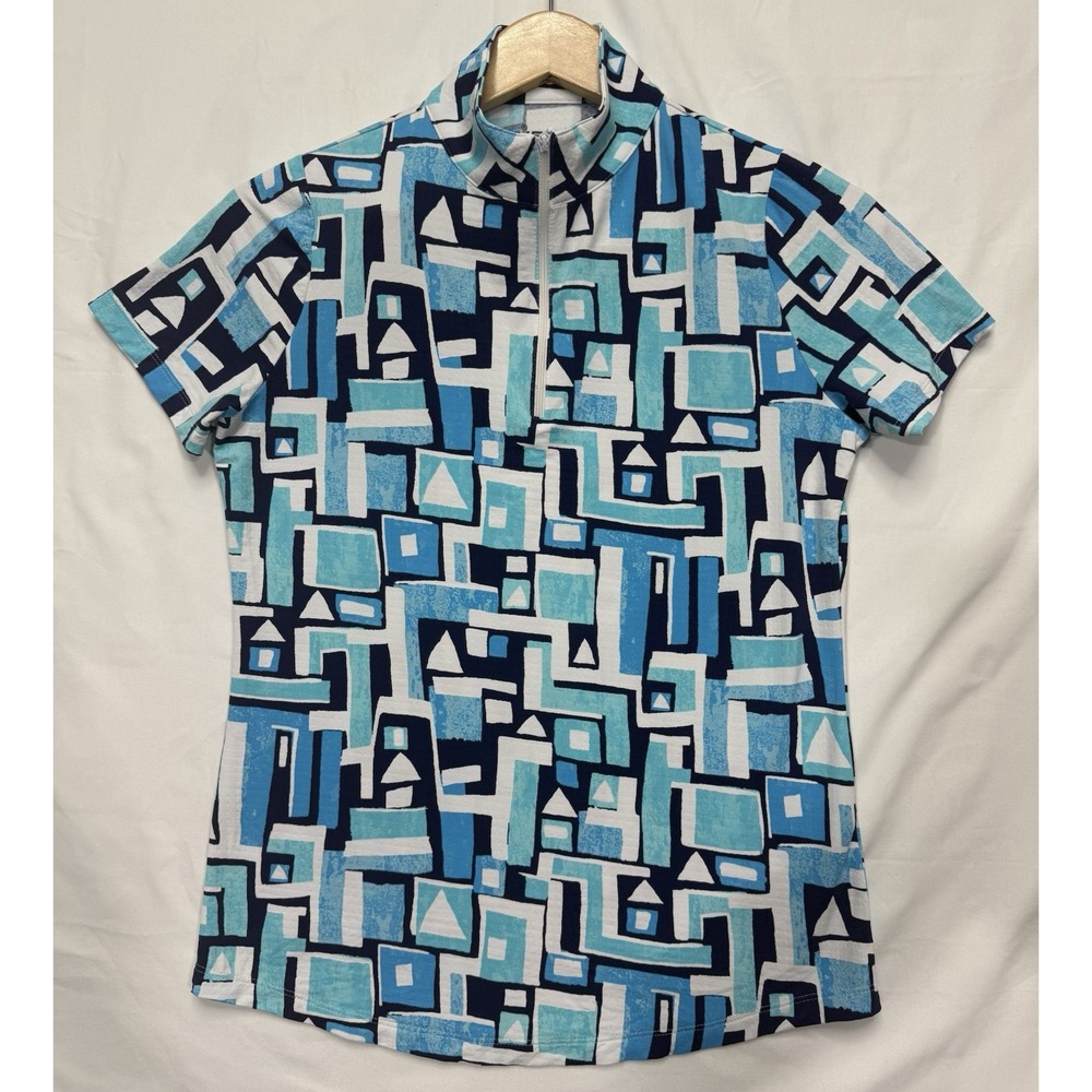 IBKUL Womens S Golf Shirt Blue Geometric Short Sleeve Quarter Zip UPF 50+ Top